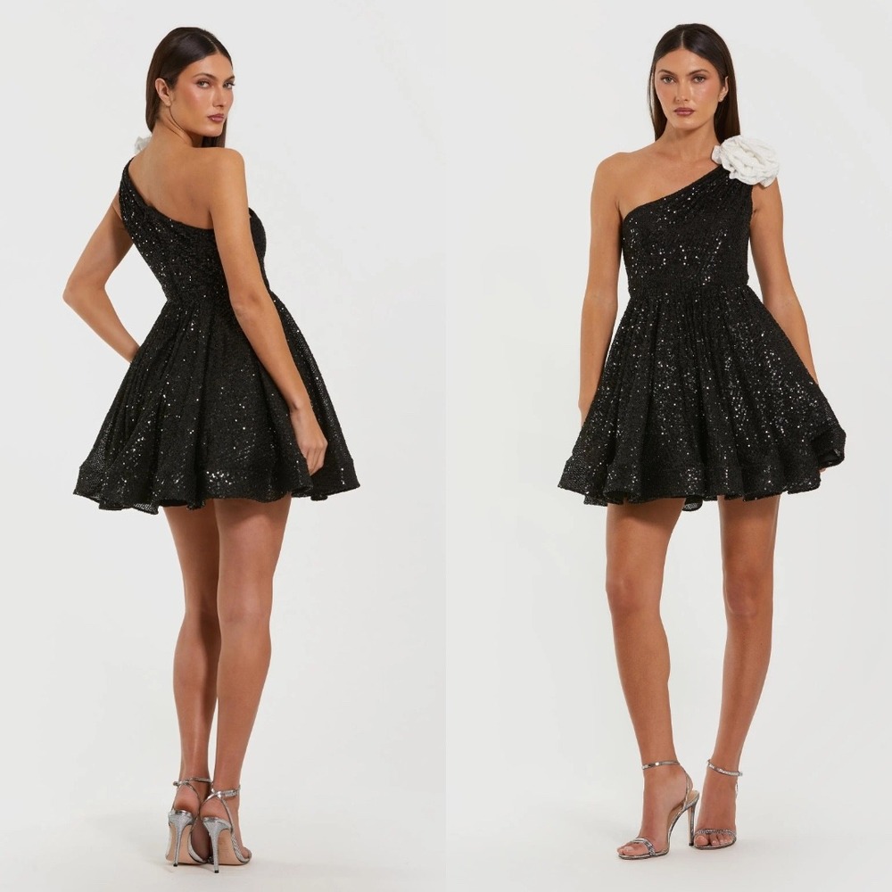 NEW Mac Duggal Black One Shoulder Sequin Mini Dress With 3D Flower - Size‎ 6